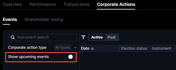 Screenshot of the settings showing how to enable the visibility of upcoming corporate actions events