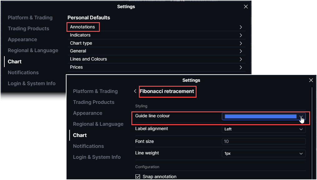 Setting personal chart defaults in the settings