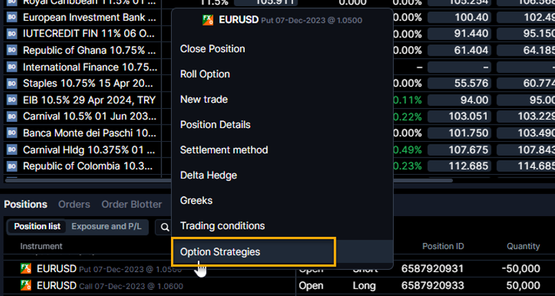 Opening the Strategy ticket from an existing position.