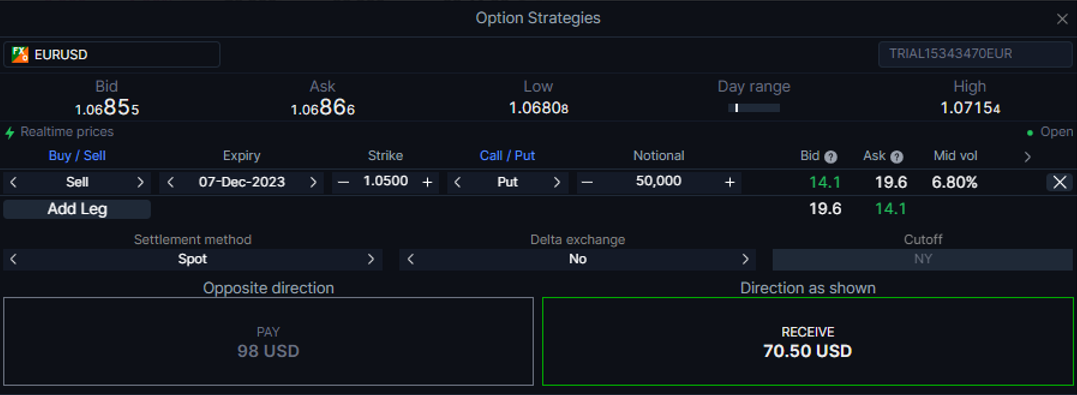 Screenshot of the option strategies ticket