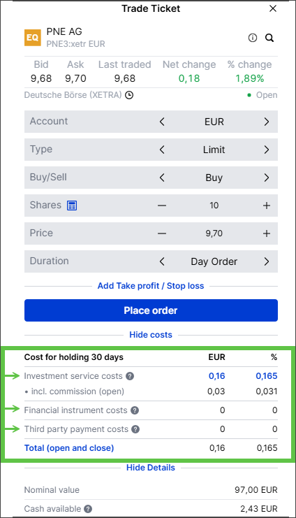Trade ticket showing fee breakdown