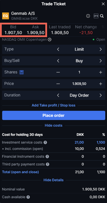 Trade ticket for Genmab A/S showing a buy order for 1 share at a limit price of 1,909.50 DKK, with bid and ask prices highlighted and estimated trading costs shown below