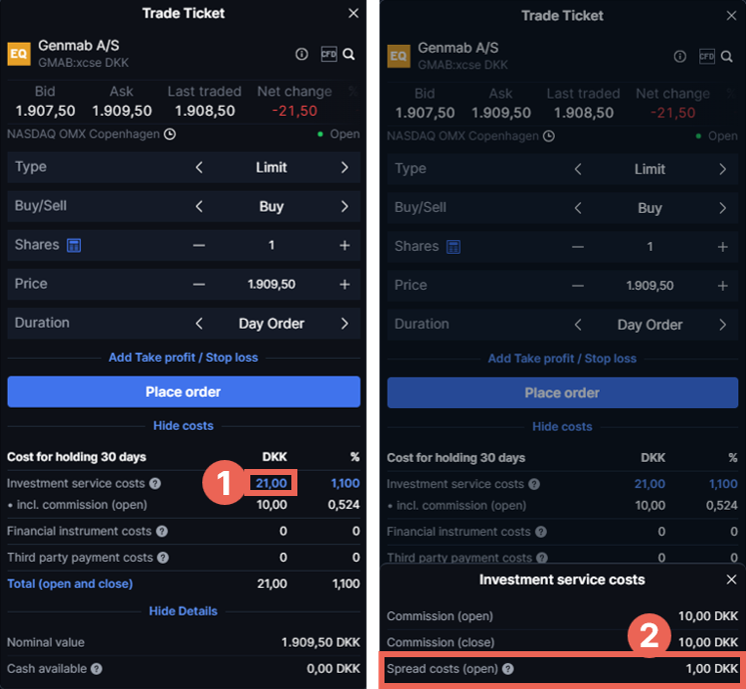Trade ticket for Genmab A/S showing where trading costs are displayed: (1) investment service costs of 21.00 DKK and (2) spread costs of 1.00 DKK in the cost breakdown.