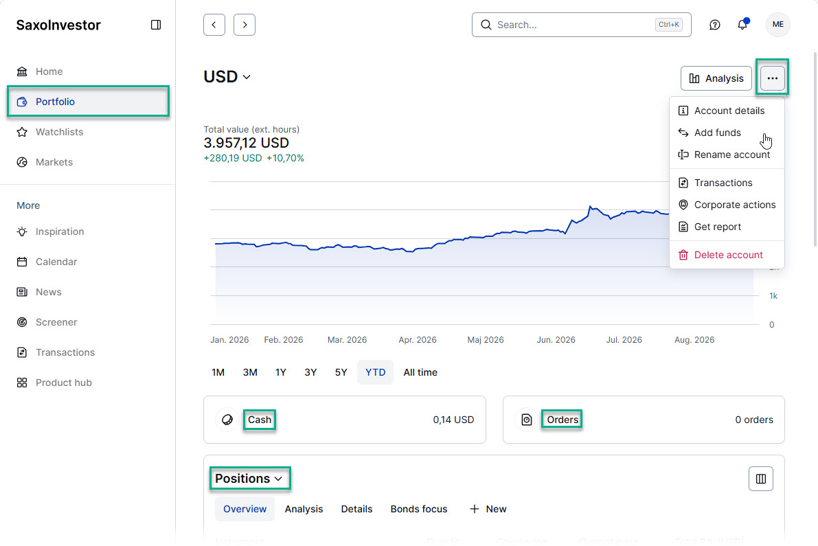 Portfolio overview showing holdings, account value, available cash and recent portfolio news