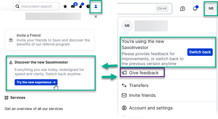 Screenshot showing how to switch between the current SaxoInvestor platform and the new SaxoInvestor experience from the Profile menu. Users can select Try the new experience to access the new platform, Switch back to return to the current version, and Give feedback to share comments and suggestions about the new experience.